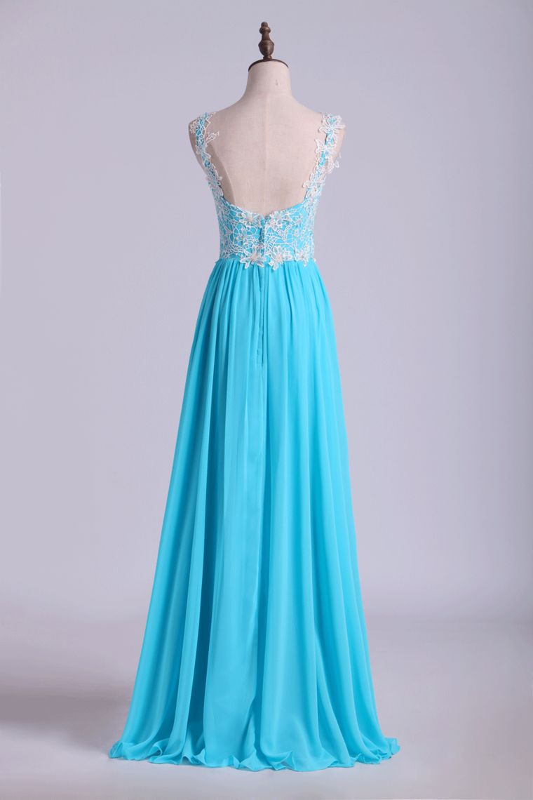2022 Low Back Straps A Line Chiffon Prom Dress With Lace Bodice