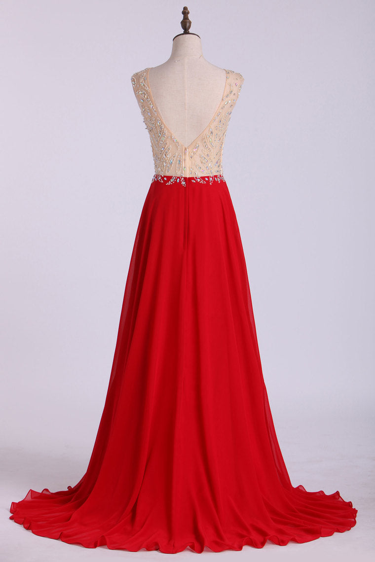 2022 V Neck Prom Dresses A Line Beaded Bodice Sweep Train Chiffon And Tulle