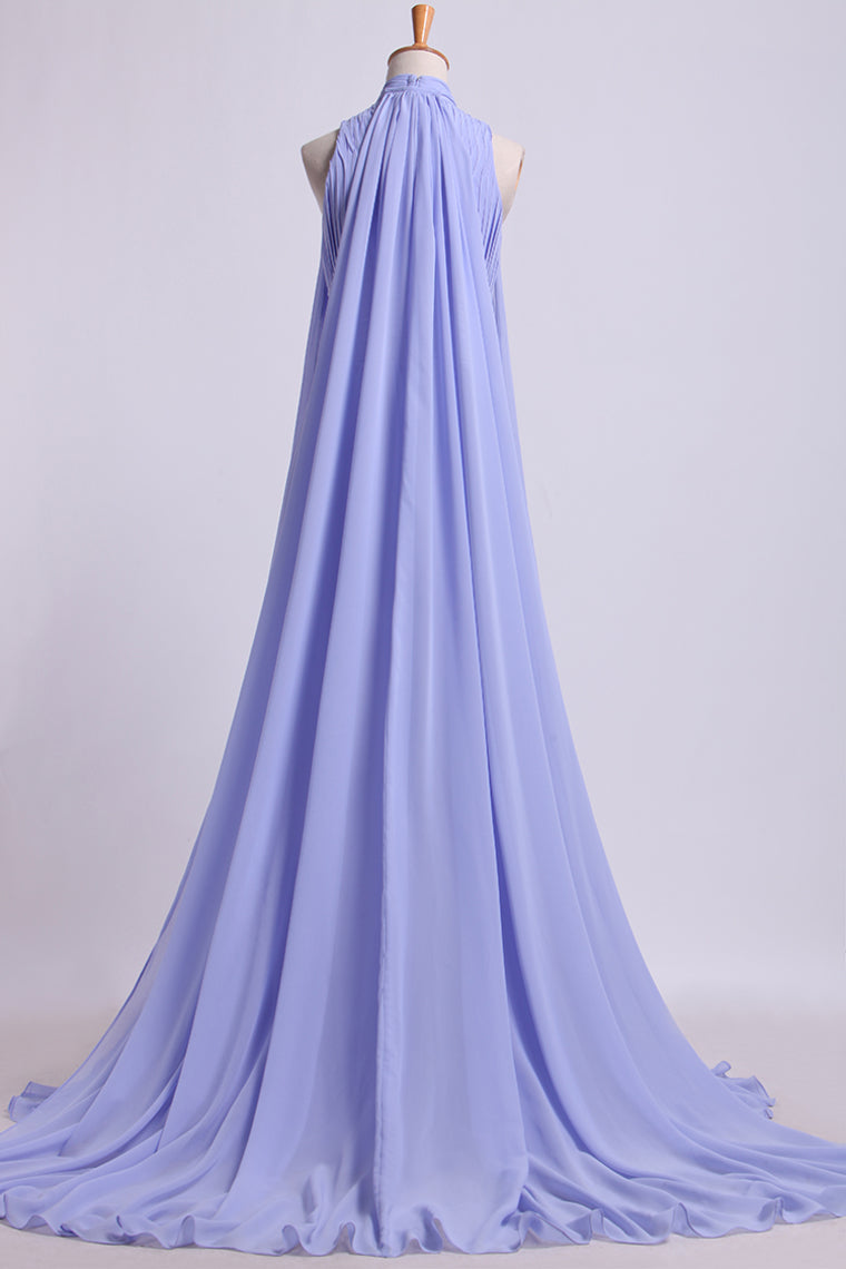 2022 High Neck Pleated Bodice Prom Dresses A-Line Chiffon Sweep Train