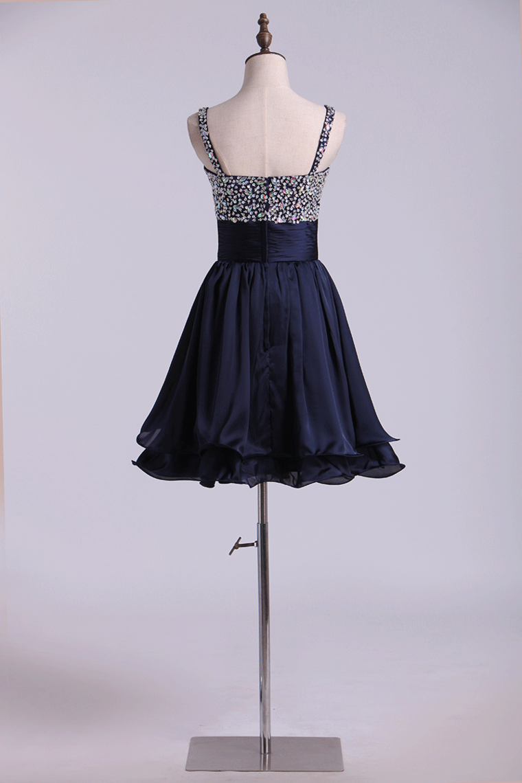2022 Straps A Line Mini Prom Dress Beaded Bodice With Pleated Waistband Chiffon