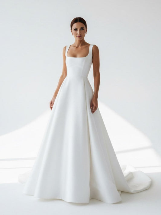 Reverie | Simple A-Line Square Neck White Satin Wedding Dresses