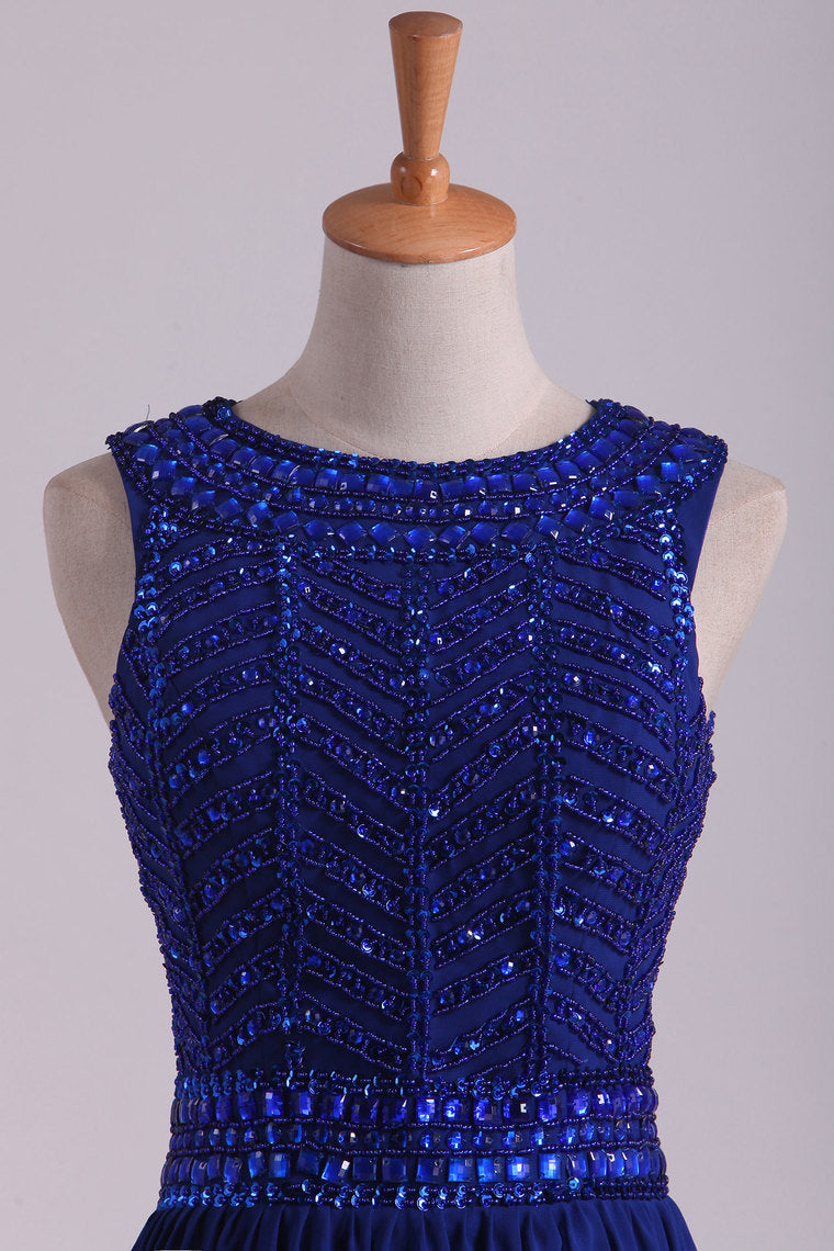 2022 Dark Royal Blue Prom Dresses Scoop A Line Chiffon With Beading Floor Length