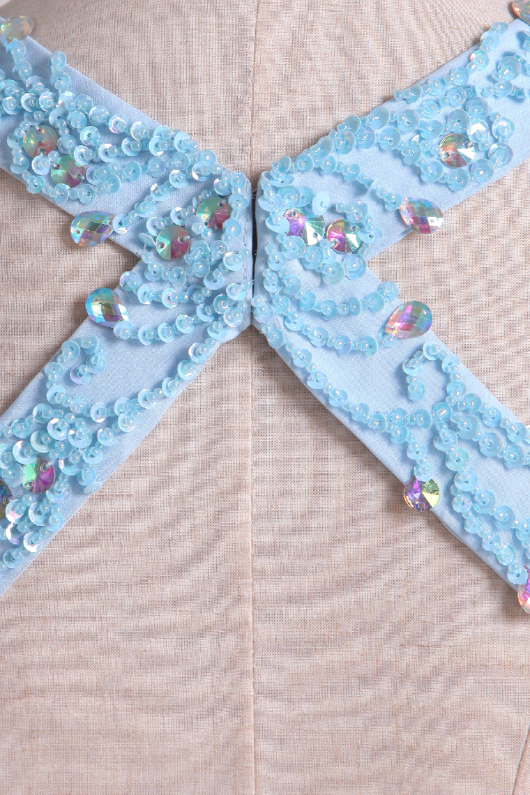 2022 A Line Two-Piece Halter Beaded Bodice Open Back Prom Dresses Chiffon & Tulle