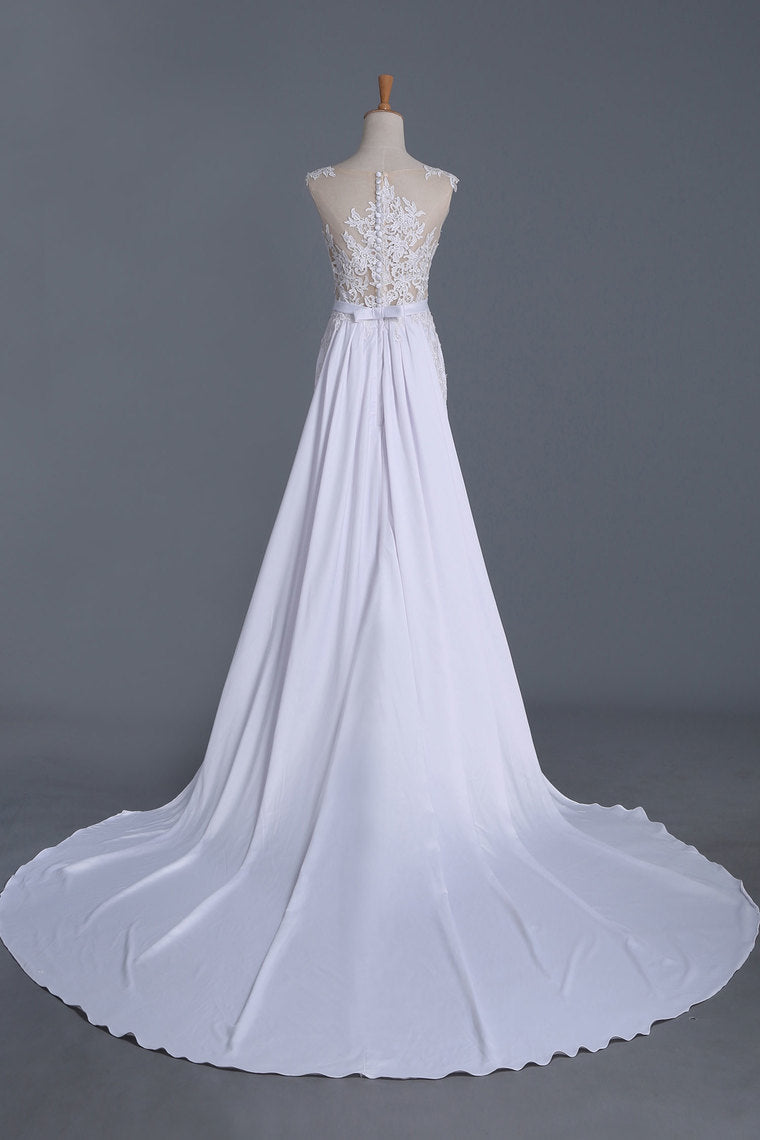 2022 Sheath Wedding Dresses Scoop With Stretch Satin Skirt Detachable