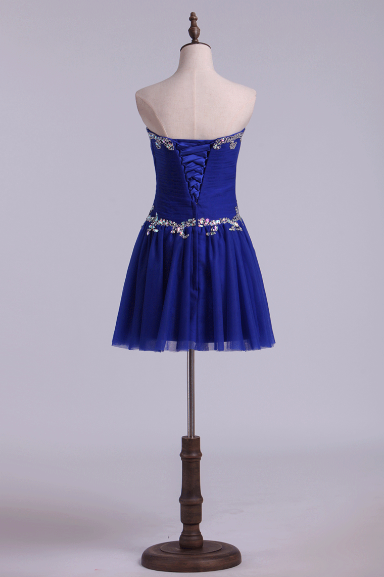 2022 Sweetheart A Line Prom Dresses Tulle Short With Beading Lace Up Dark Royal Blue
