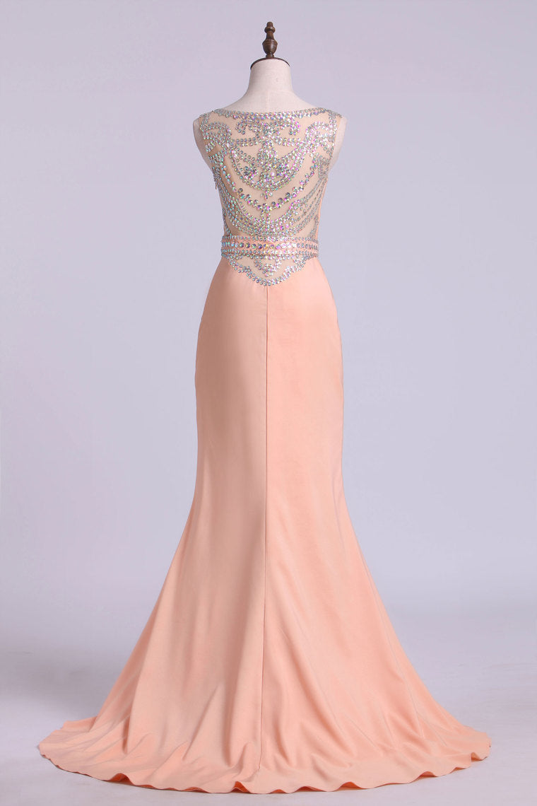 2022 Prom Dresses Scoop Column Sweep Train Elastic Satin With Beads