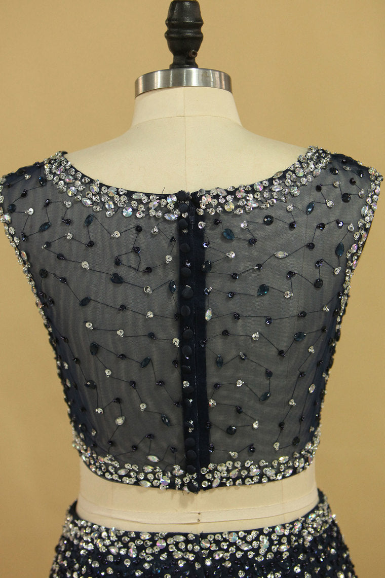 2022 Two Pieces Scoop Mermaid Beaded Bodice Prom Dresses Floor Length Tulle