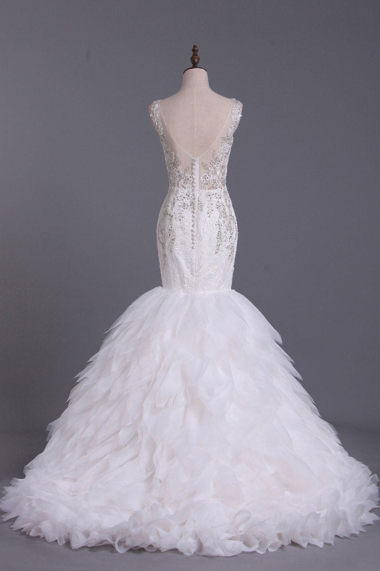 2022 Wedding Dresses Bateau Mermaid Tulle With Applique & Beads