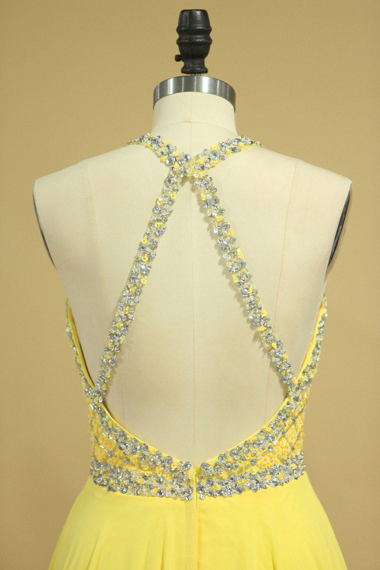 2022 A Line Prom Dresses Halter Beaded Bodice Open Back Sweep Train Chiffon & Tulle Daffodil