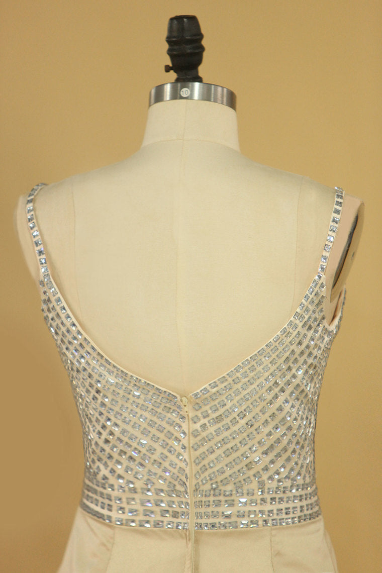 2022 Mermaid Beaded Bodice Spaghetti Straps Prom Dresses Satin Sweep Train