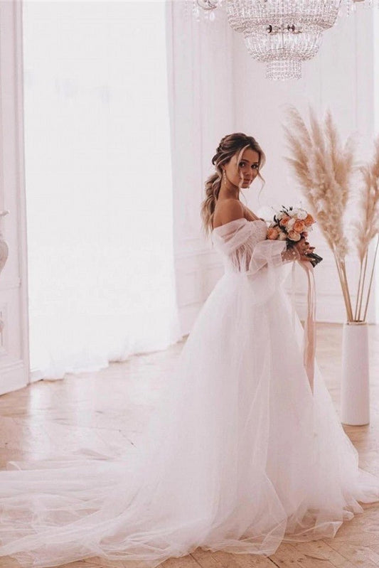 Boho A-Line Wedding Dresses Detachable Long Puff Sleeve
