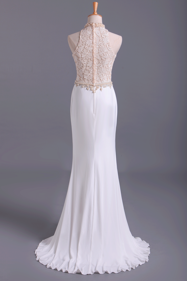 2022 Hot High Neck Prom Dresses A Line Spandex & Lace With Beads