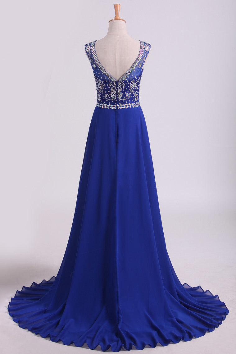 2022 Dark Royal Blue A-Line Bateau Sweep Train Chiffon&Lace Prom Dresses With Slit