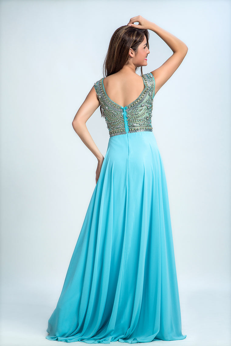 2022 Prom Dress Scoop A Line Floor Length Beaded Tulle Bodice With Chiffon Skirt