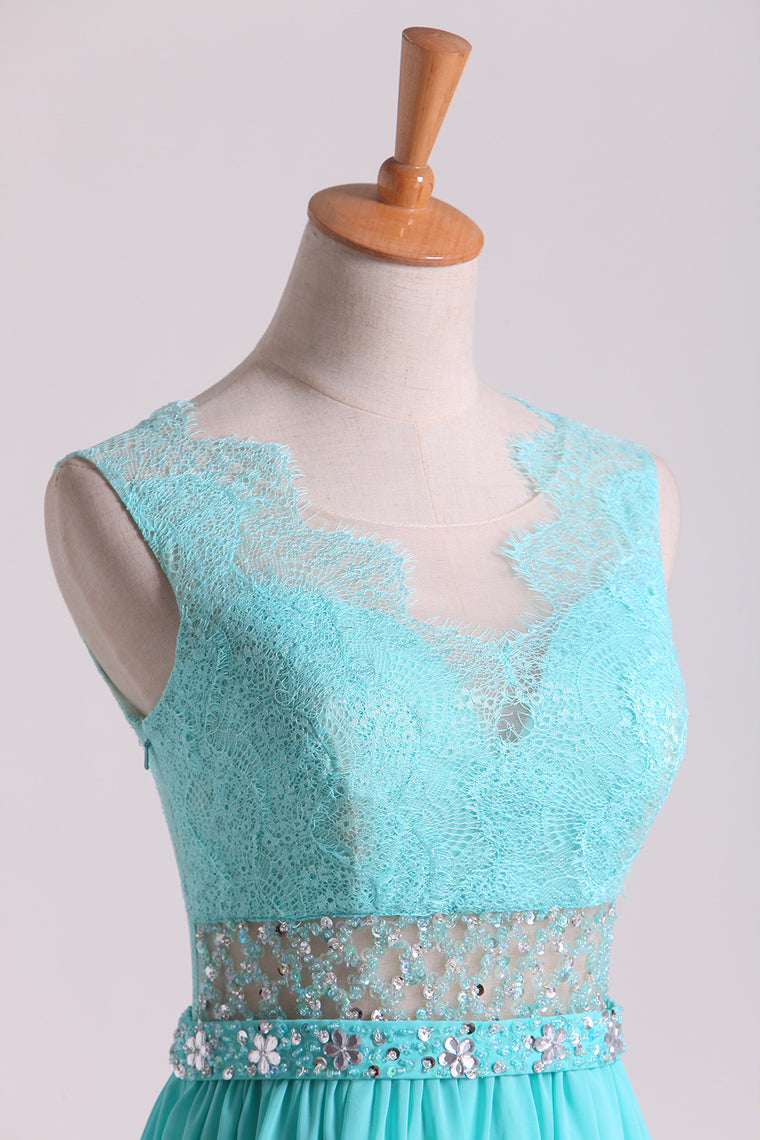 2022 Scoop A Line Exquisite Chiffon Beading Prom Dresses With Applique