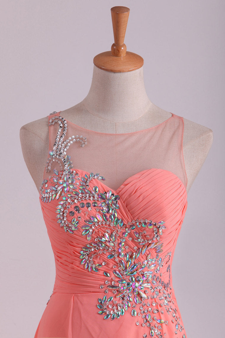 2022 Prom Dress Bateau Fitted And Ruffled Bodice With Long Chiffon Skirt Sweep Train