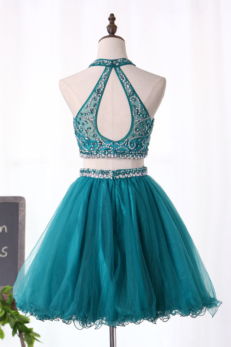 Halter Homecoming Dresses Two-Piece Beaded Bodice Tulle Short