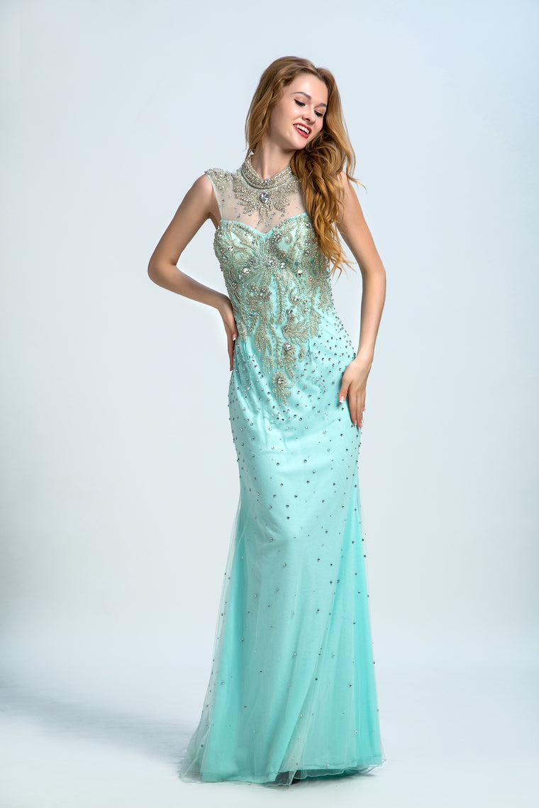 2022 High Neck Prom Dresses Sheath Beaded Bodice Tulle Floor Length