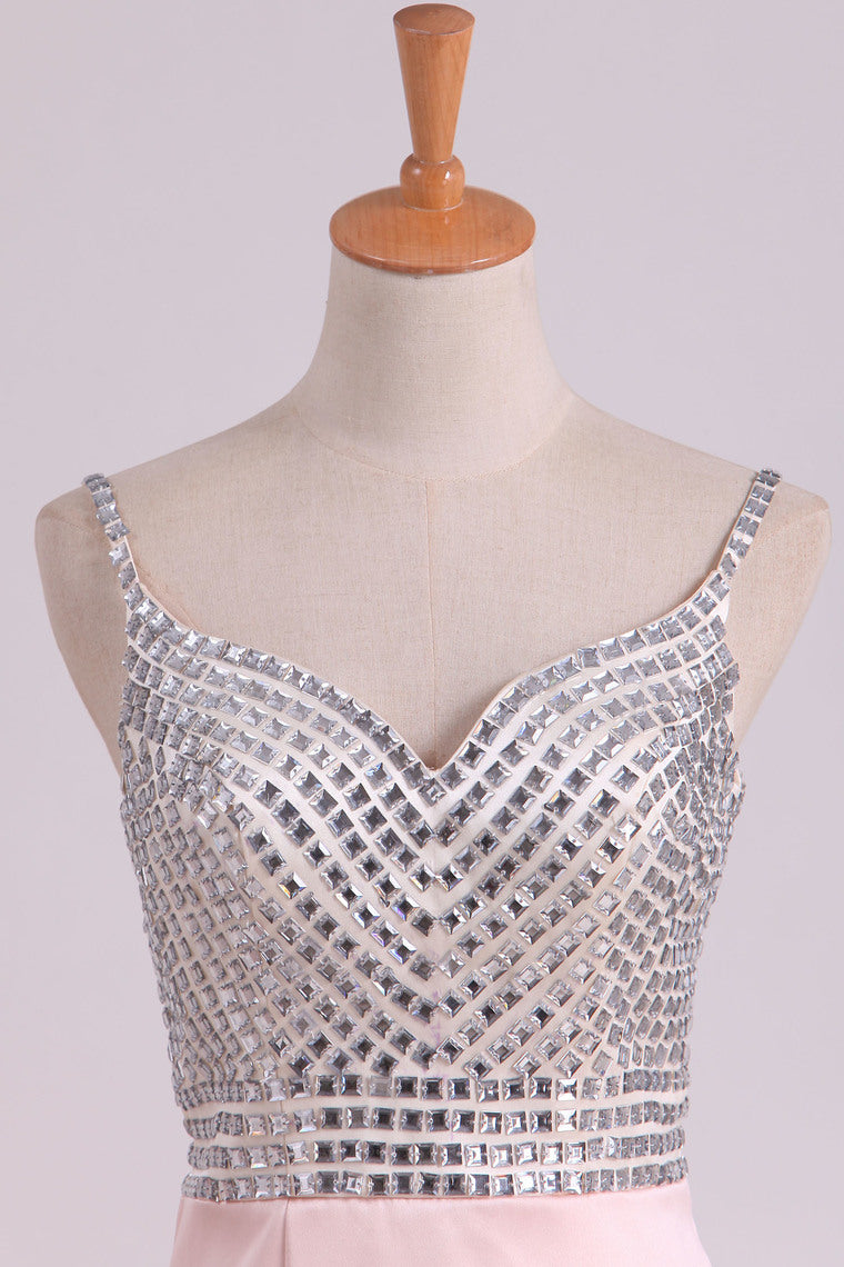 2022 Spaghetti Straps Mermaid Prom Dresses Satin With Beading Sweep Train