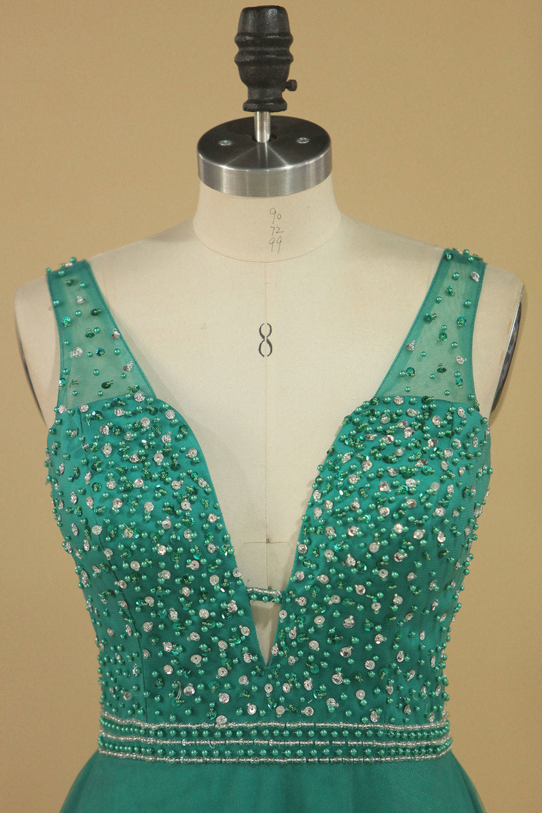 2022 A Line V Neck Prom Dresses Tulle With Beading Floor Length