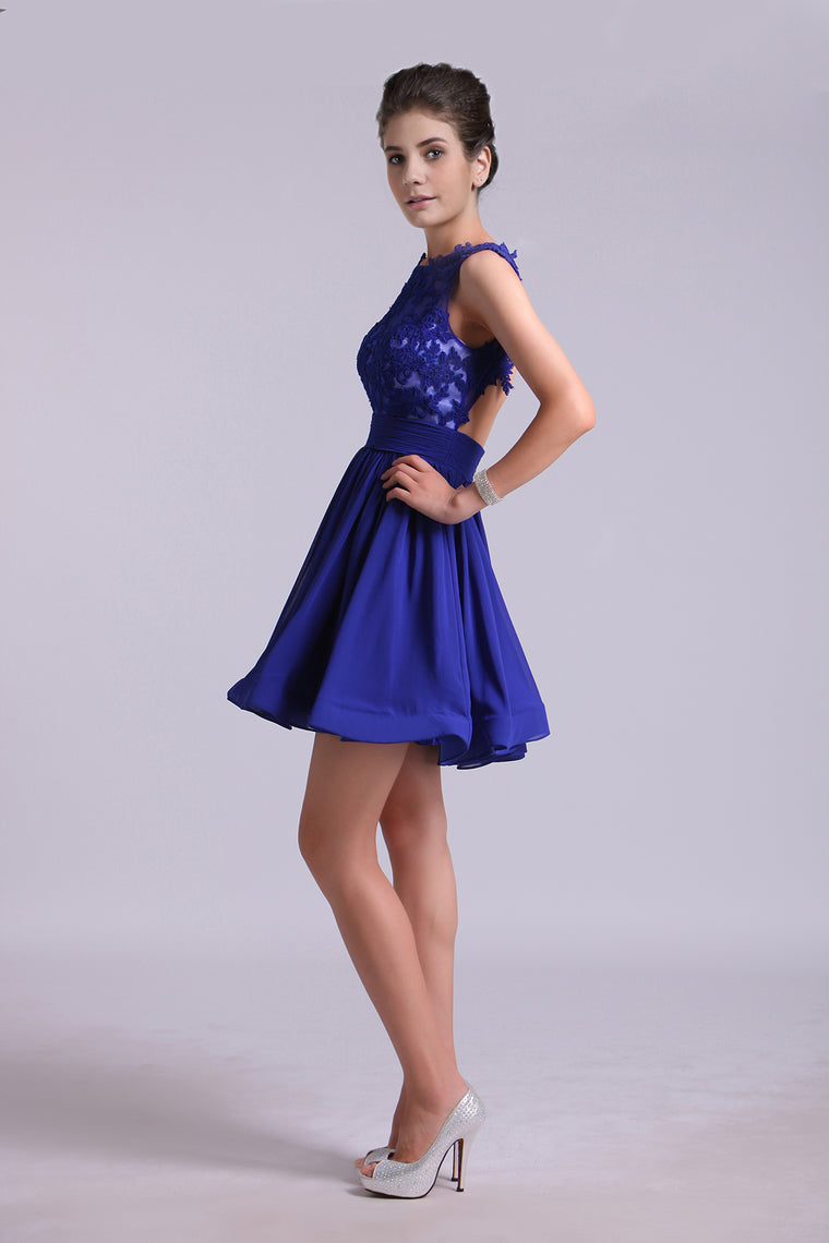 2022 Hot Selling Homecoming Dresses Scoop A-Line Short/Mini Chiffon Dark Royal Blue