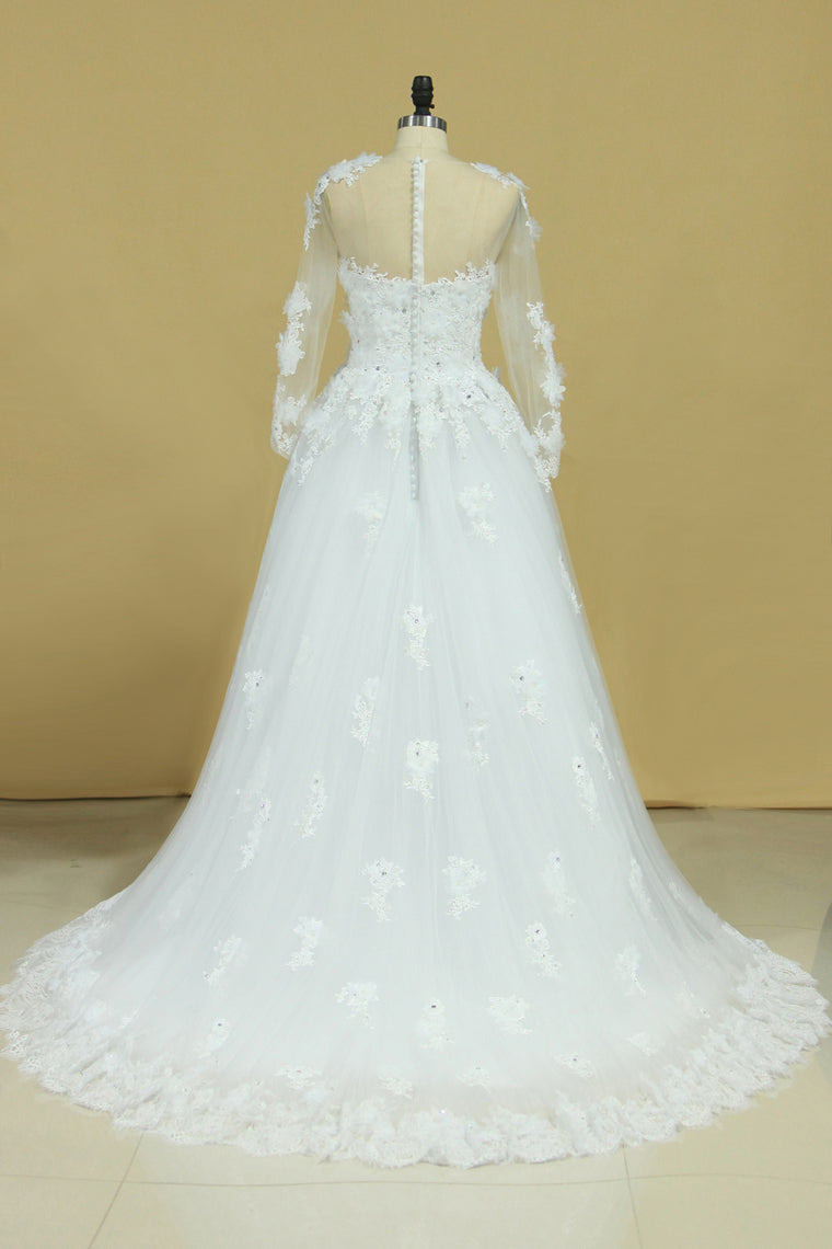2022 Hot Long Sleeves Wedding Dresses Scoop Tulle With Applique