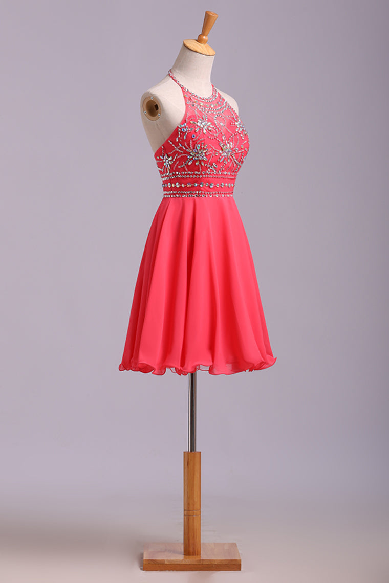 2022 Halter A Line Sexy And Cute Homecoming Dress Short/Mini Chiffon&Tulle Beaded