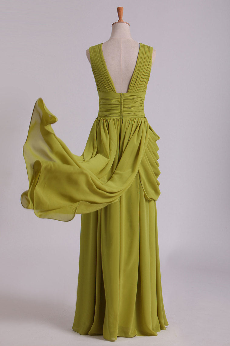 2022 V-Neck Prom Dresses A-Line Floor-Length Chiffon With Slit