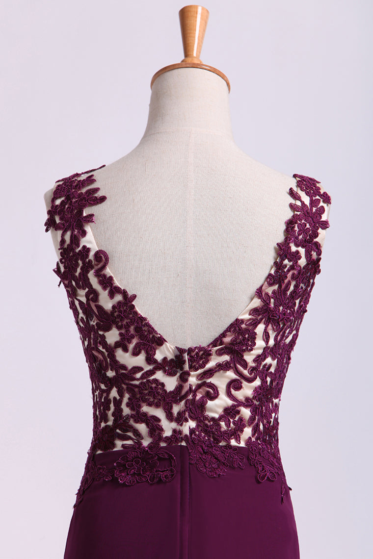 2022 Straps Prom Dresses With Slit&Applique Floor Length Chiffon