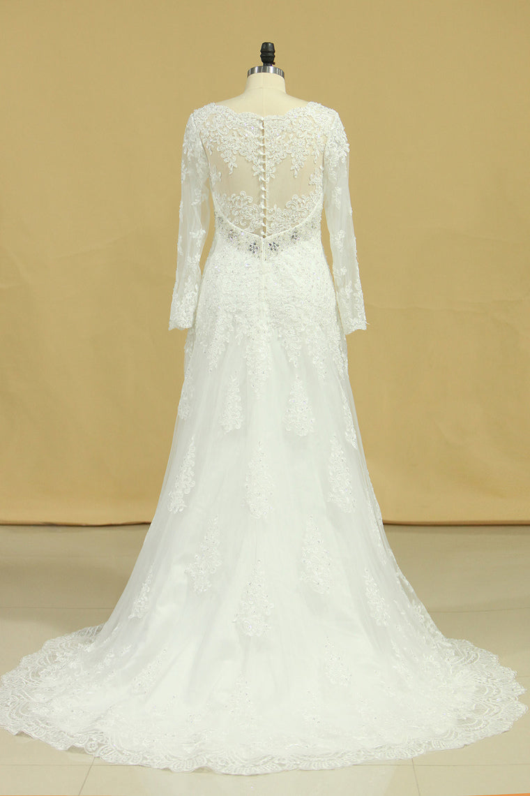 2022 Plus Size V-Neck Long Sleeves Wedding Dresses With Applique Tulle