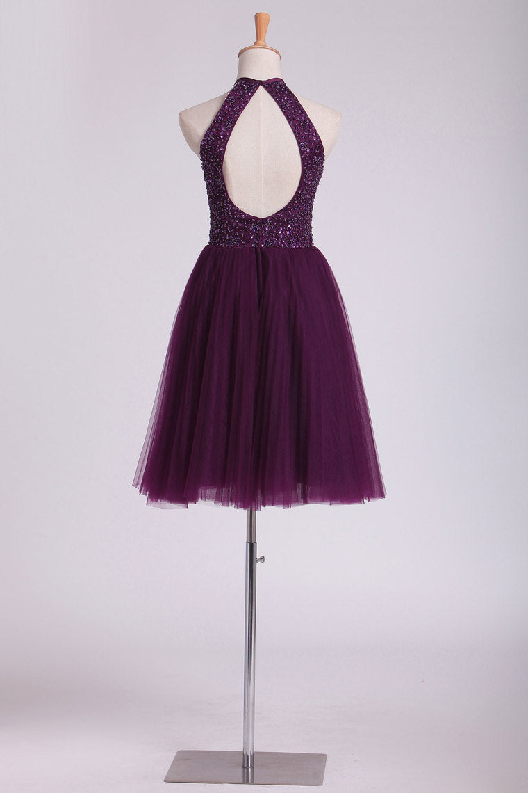 2022 Hot Halter Homecoming Dresses A-Line Tulle Beaded Bodice Mini
