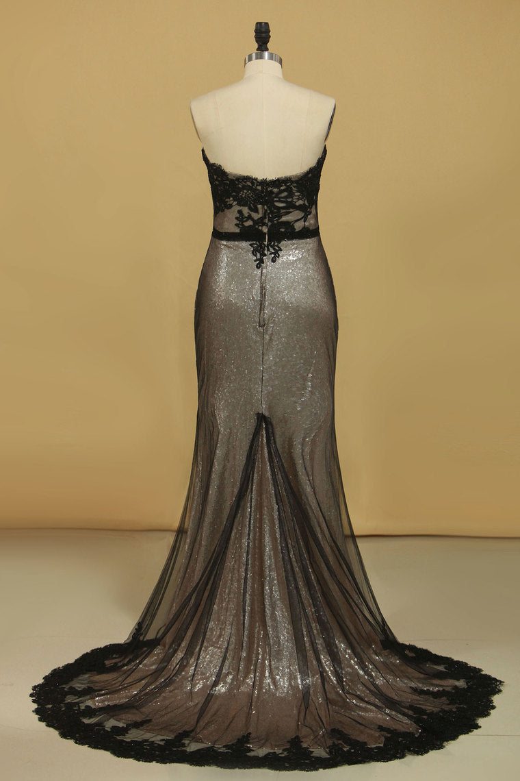 2022 Sequin & Tulle Sweetheart Sheath Prom Dresses With Applique And Slit