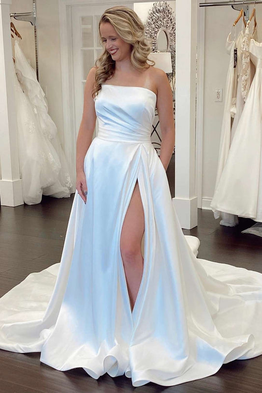 CoCo | Mermaid White Satin Strapless A-Line Wedding Dress with Slit