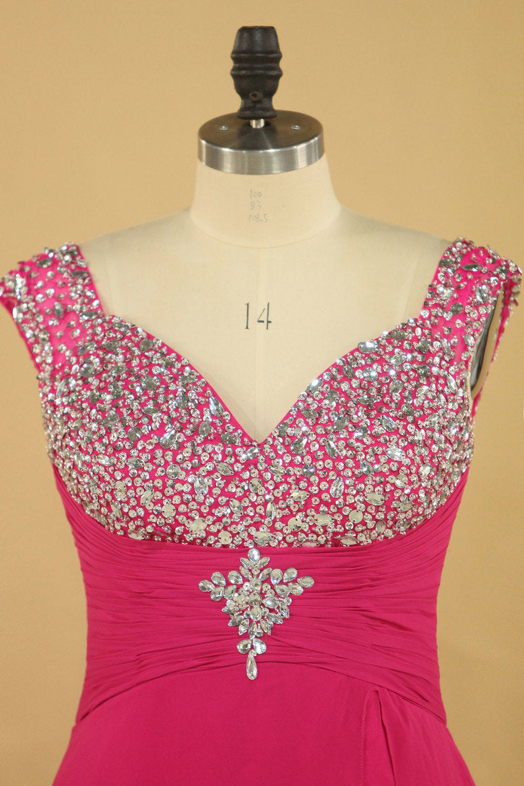 2022 Prom Dresses Straps With Beads And Slit Sweep Train Plus Size