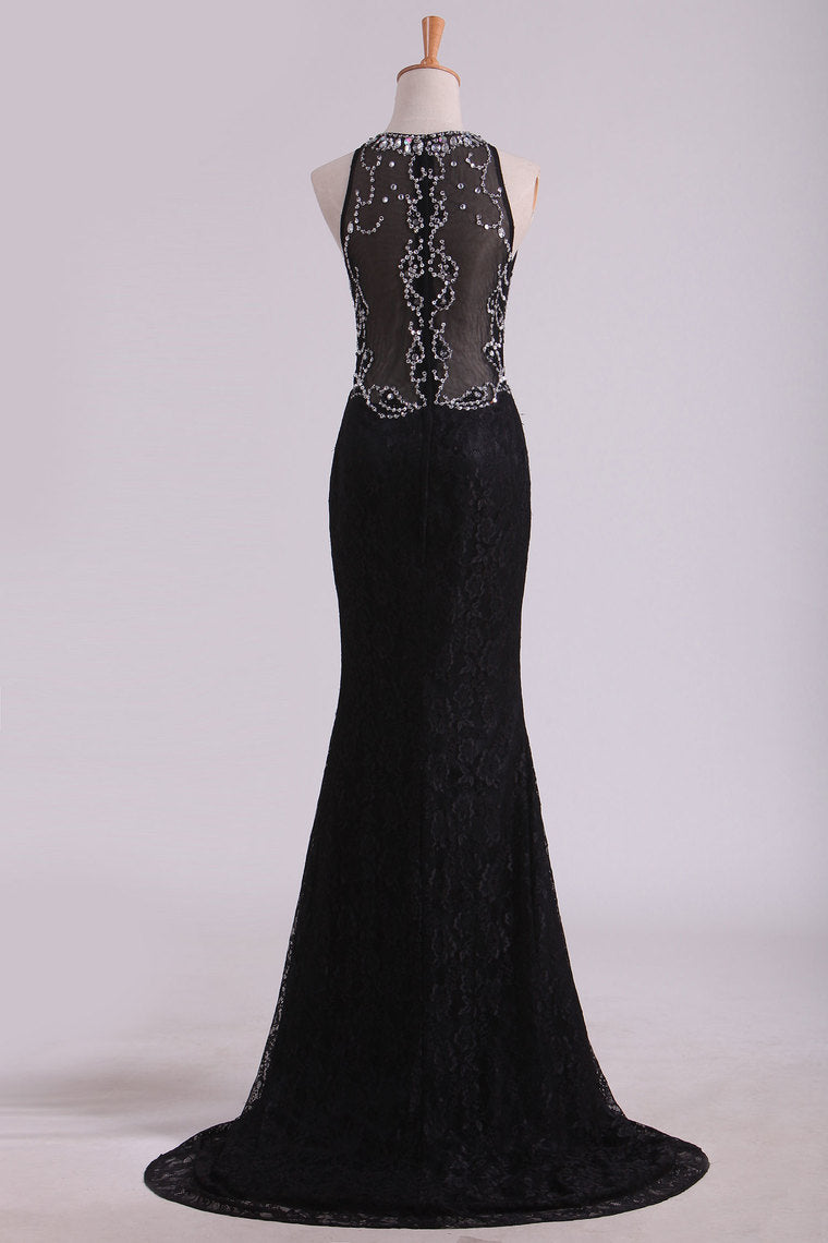 2022 New Arrival Scoop Prom Dresses Mermaid Beaded Bodice Sweep Train Lace