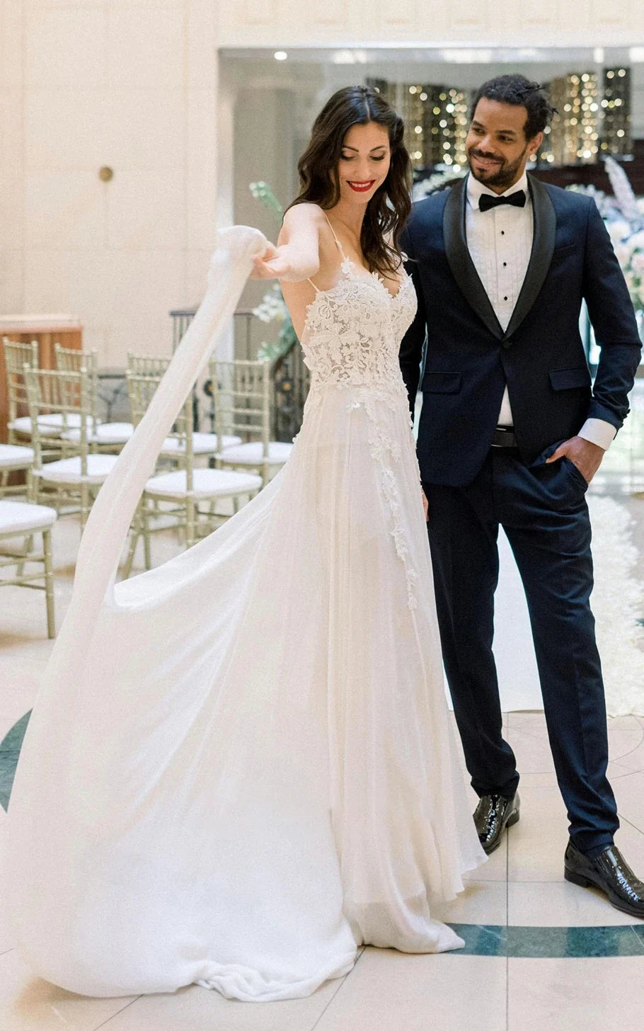 Spaghetti A-Line Lace Bohemian Wedding Dress With Open Back And Split Front