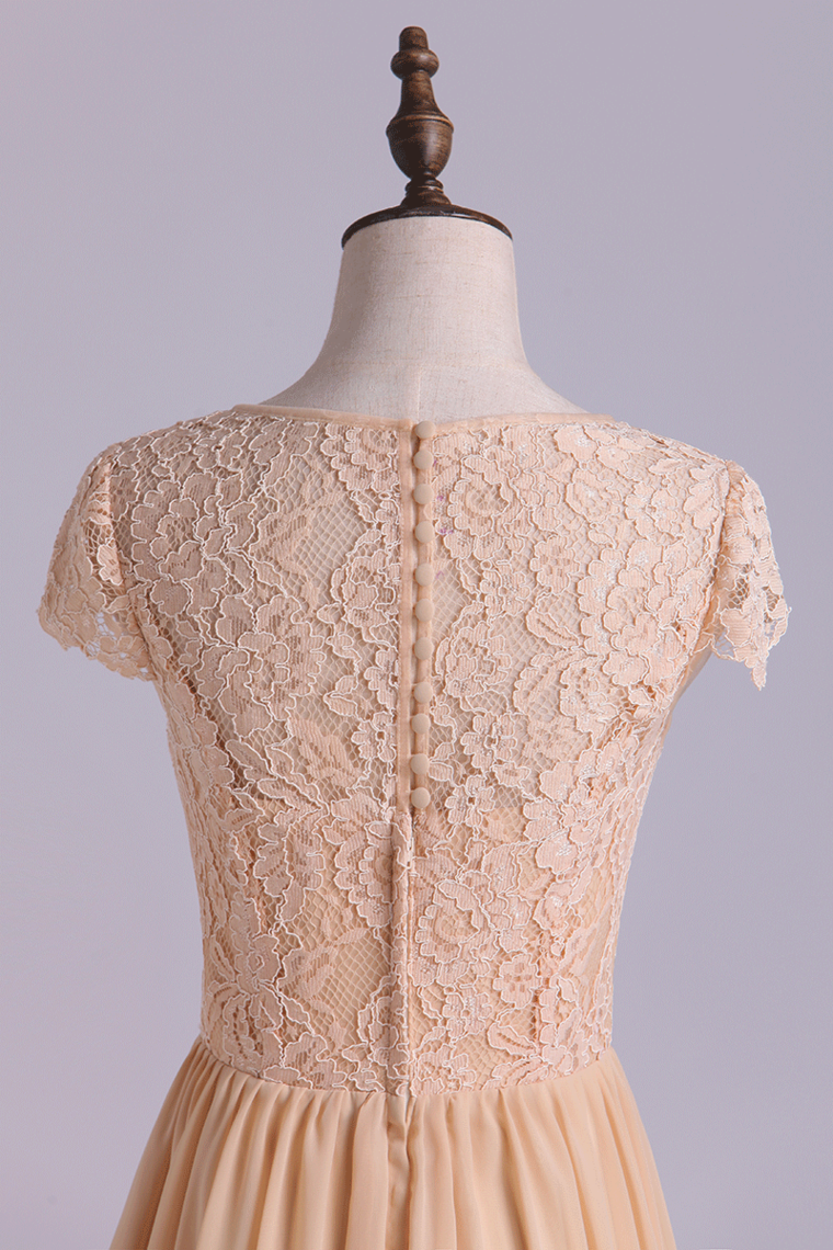 2022 Scoop Bridesmaid Dresses A Line Lace Bodice Chiffon Sweep Train