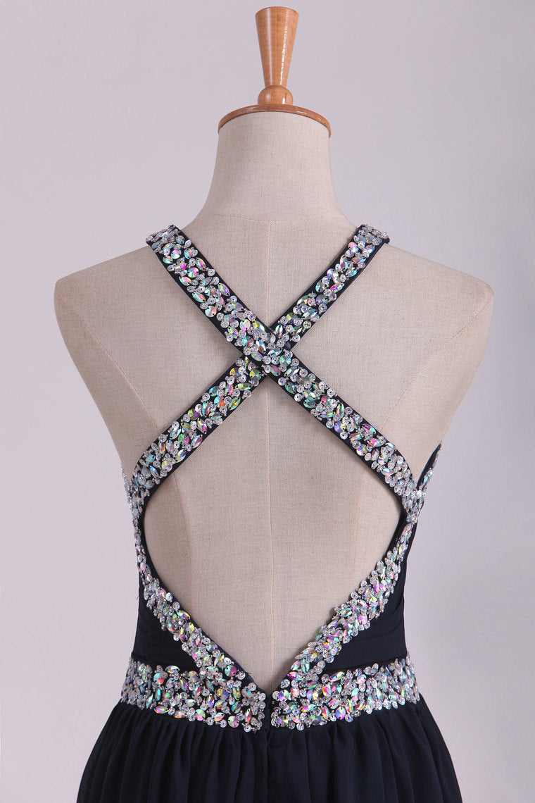 2022 Sexy Open Back A Line Prom Dresses Chiffon With Beads And Slit