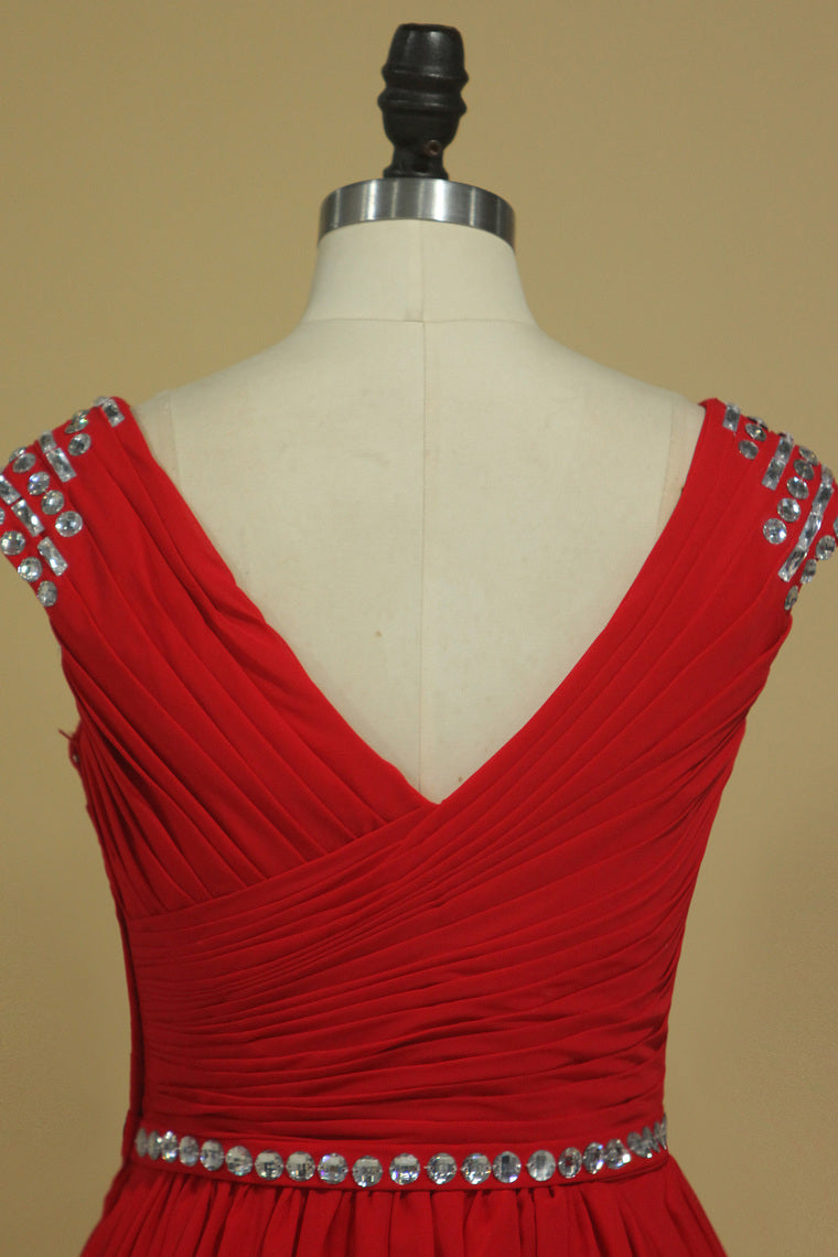 2022 A Line V Neck Chiffon Prom Dresses With Beads And Ruffles Floor Length