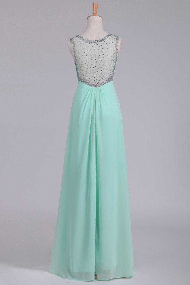 2022 Mint Scoop A Line Prom Dresses Chiffon With Beads & Ruffles Floor Length