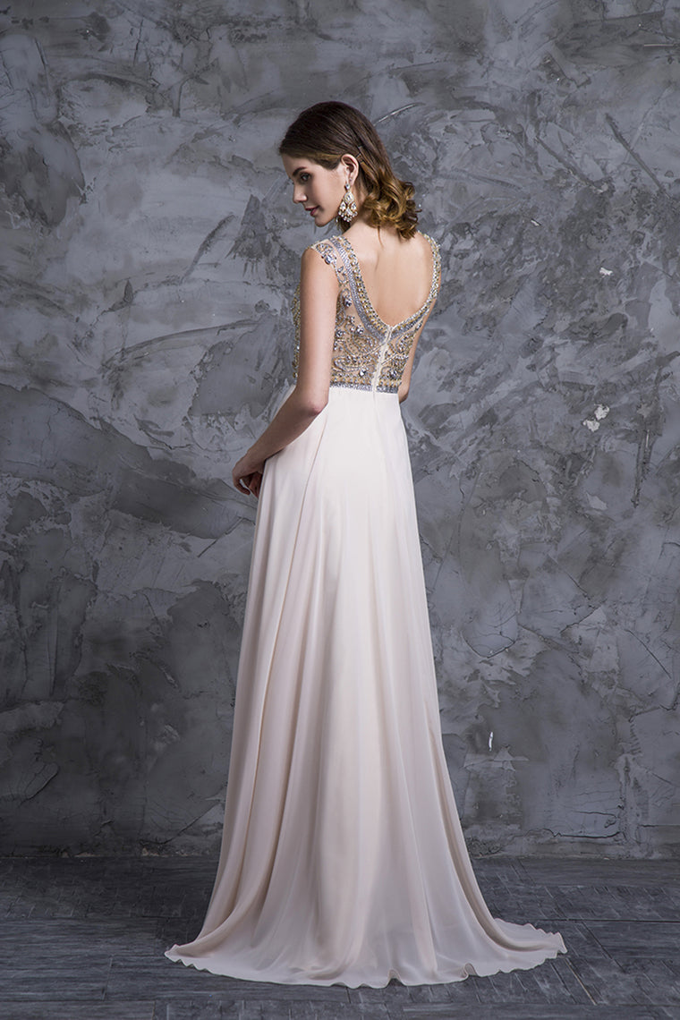 2022 Prom Dress Scoop A Line Floor Length Beaded Tulle Bodice With Chiffon Skirt