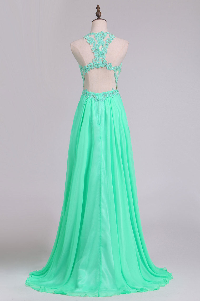 2022 Sexy Open Back Scoop Prom Dresses A Line Chiffon With Applique Floor Length