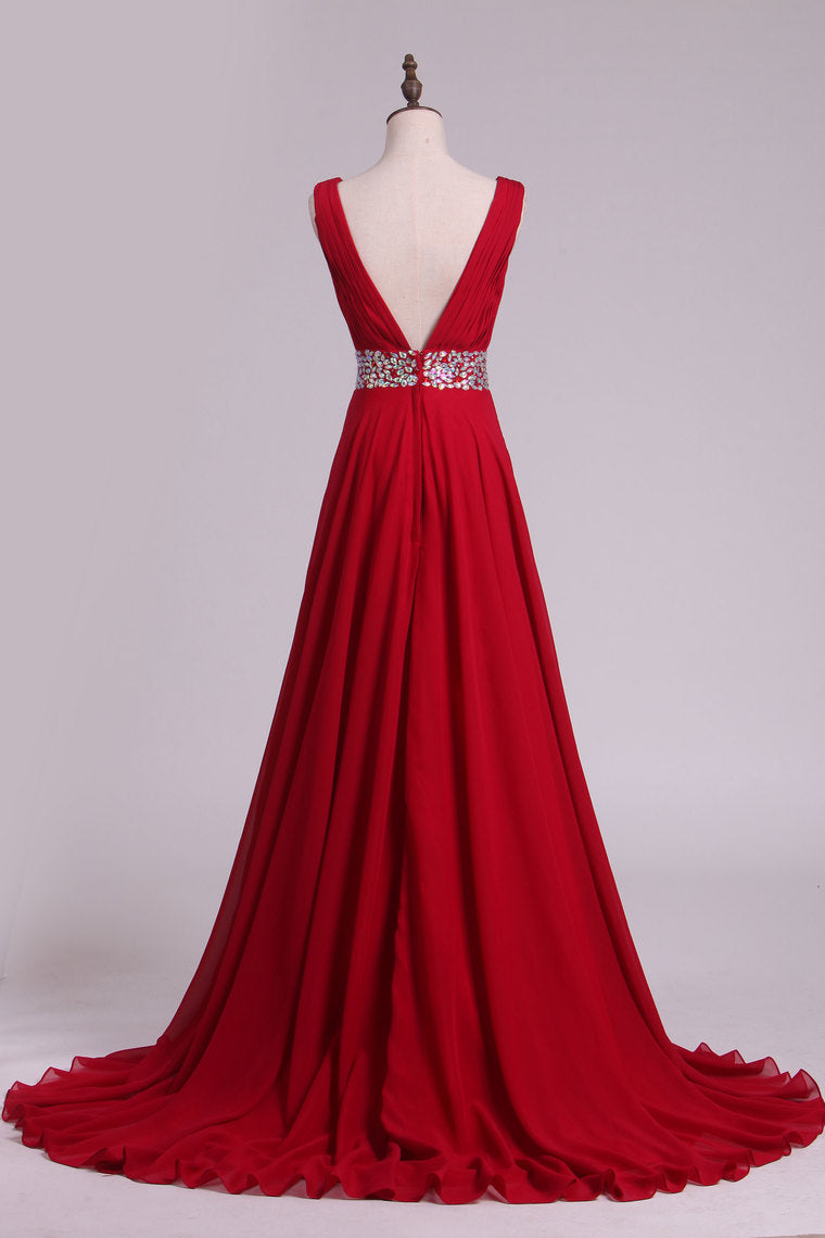 2022 A Line V Neck Pleated Bodice Chiffon Prom Dresses With Beading Court Train
