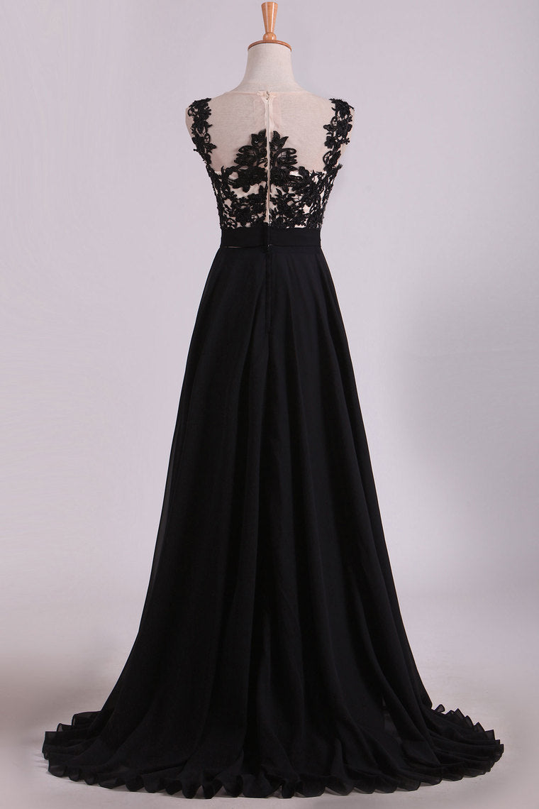 2022 Cap Sleeves Prom Dresses Scoop Floor Length Chiffon With Applique