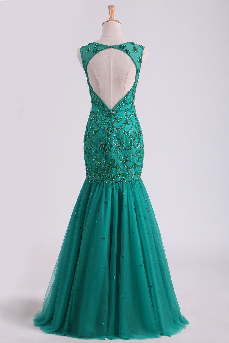 2022 Scoop Beaded Bodice Prom Dresses Mermaid Tulle Floor Length