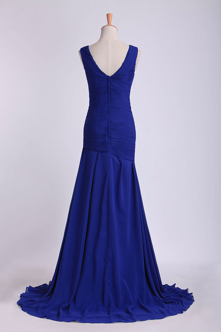 2022 V Neck Pleated Bodice Column Sweep Train Prom Dress With Beads