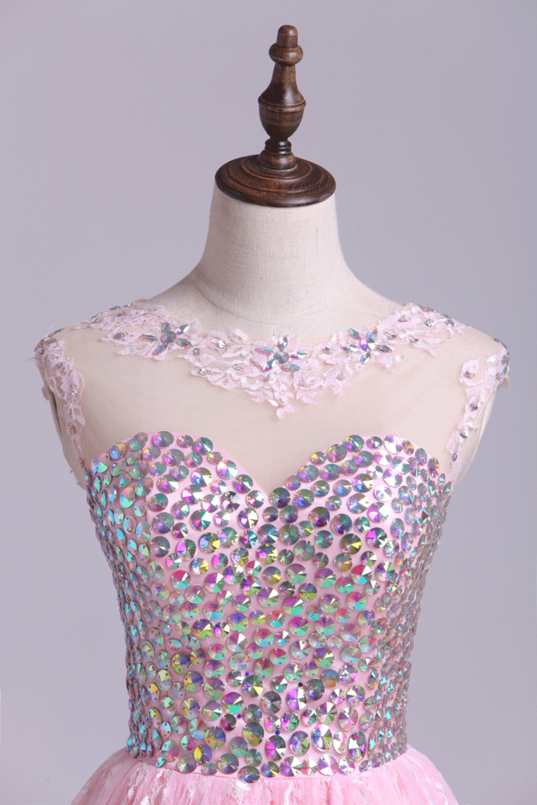 2022 Scoop Neckline Open Back A Line Tulle And Lace Short/Mini Homecoming Dresses