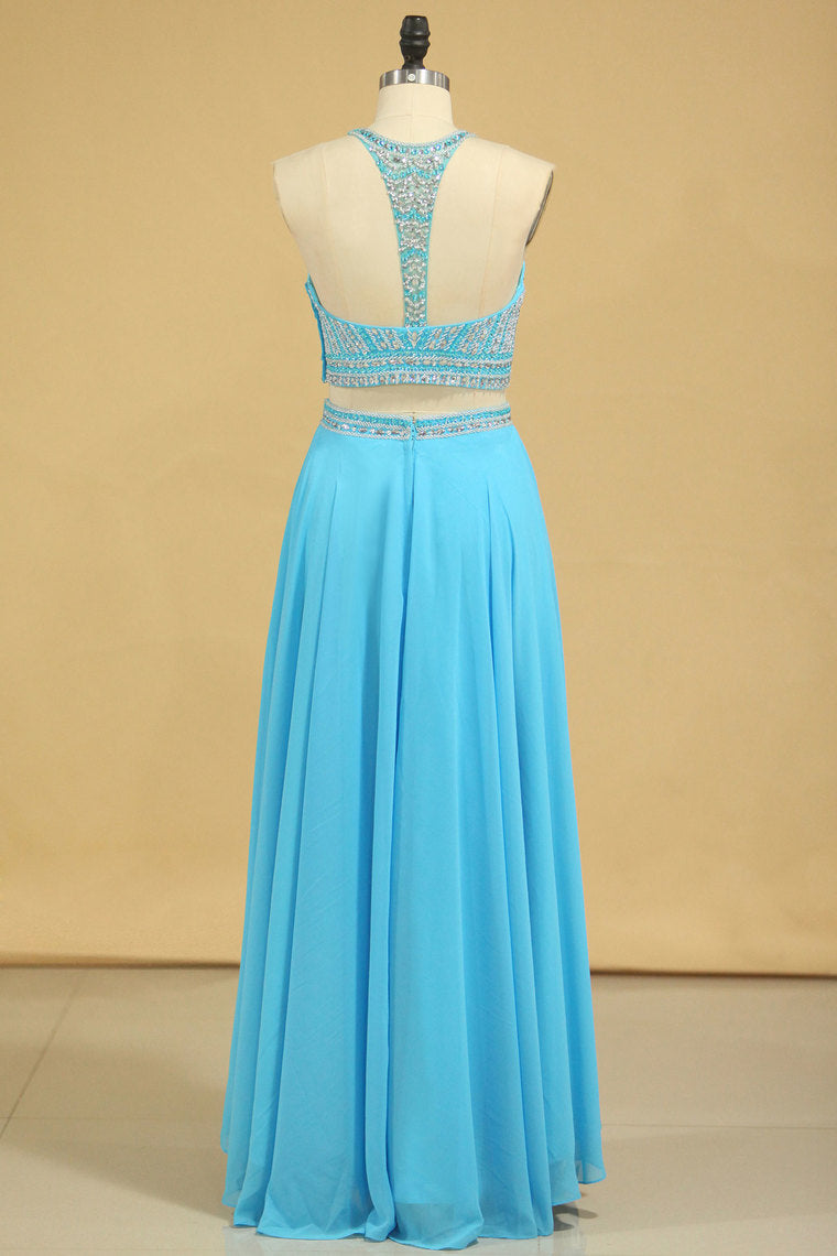 2022 Two-Piece Scoop Prom Dresses A Line Open Back Chiffon & Tulle With Beading