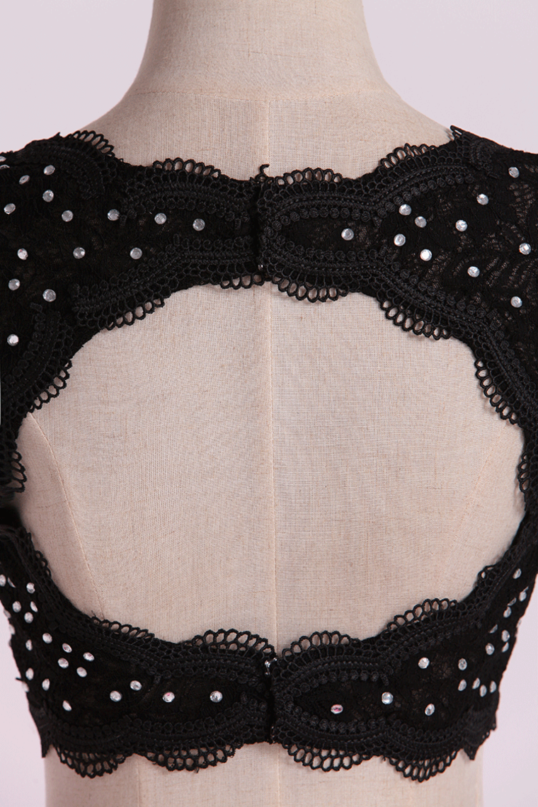 2022 Two Pieces Prom Dresses Scoop Appliqued&Beaded Bodice Floor Length Open Back Satin