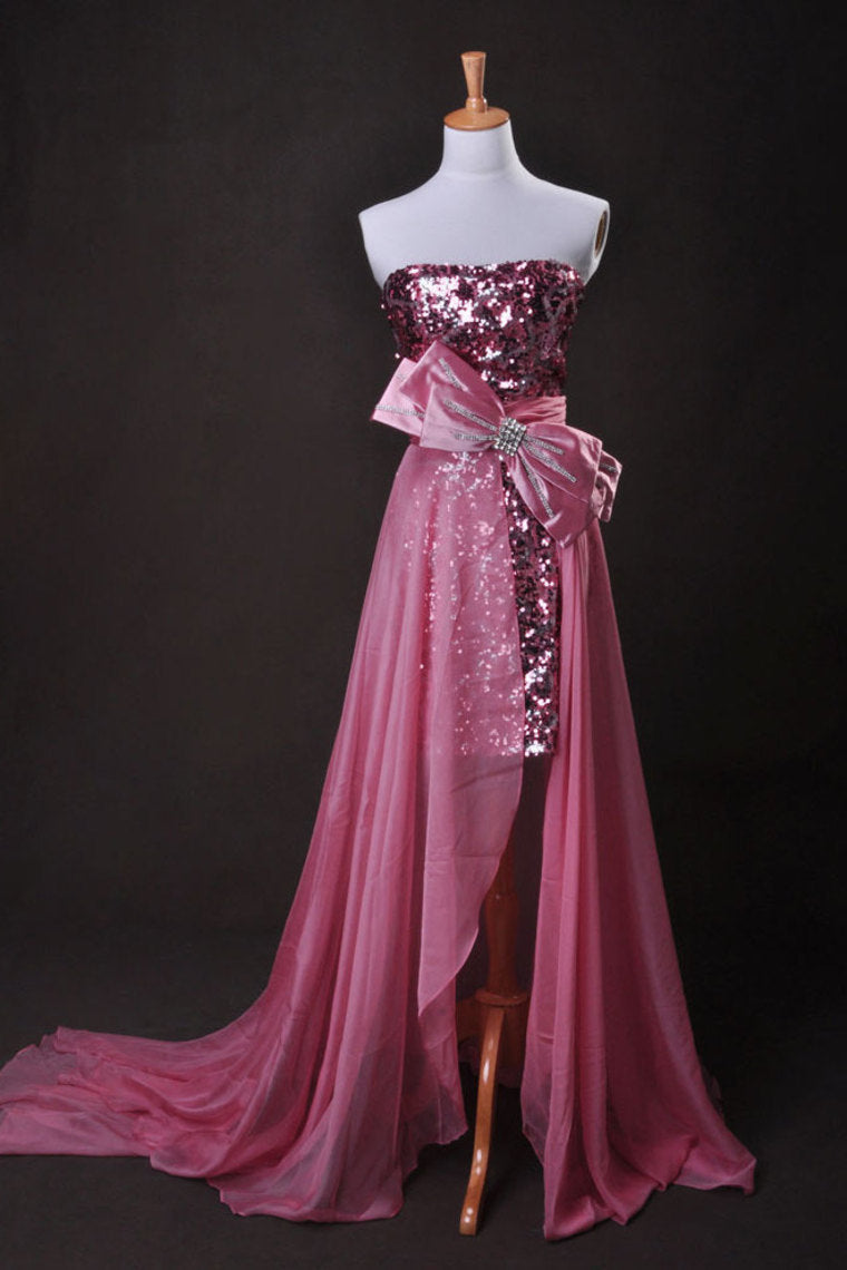 Pink  Sheath/Column Strapless Asymmetrical Chiffon Lace Cz